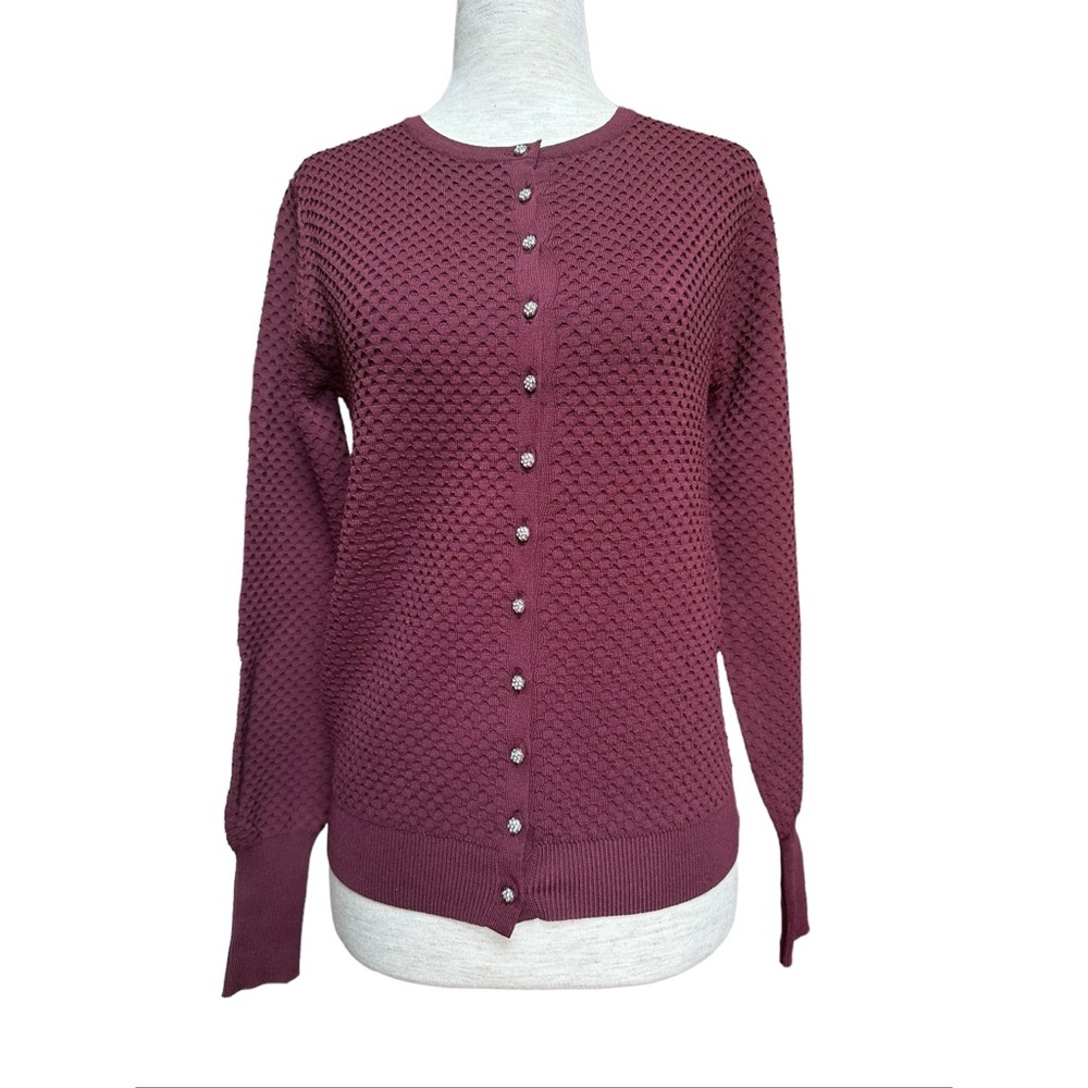 Zara Burgundy Knit Jewel Rhinestones Buttons Textured Cardigan, NWT, M - Picture 12 of 14